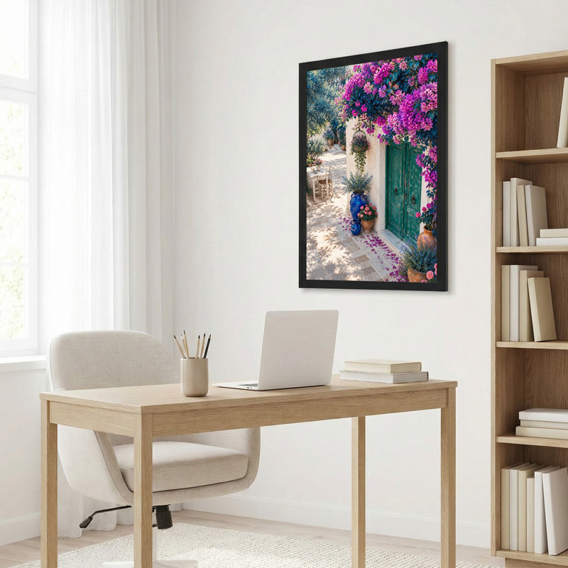 Art mural sur toile mauve, porte verte et pots bleus, H 18 po x l 12 po