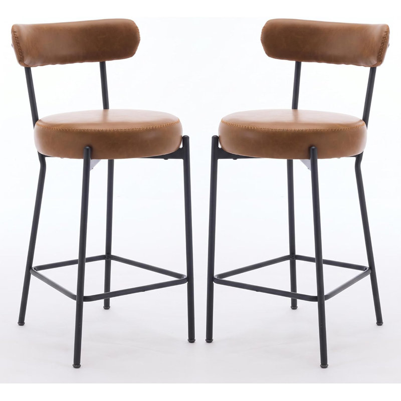 Ensemble de 2 tabourets de bar, chaises rembourrées avec dossier, Brun caramel