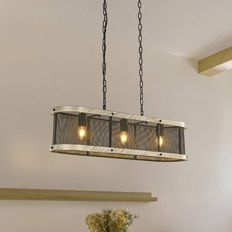 32 po Lustre 3 lumières pour îlot de cuisine en maille noire avec cadre rectangulaire en bois blanc patiné