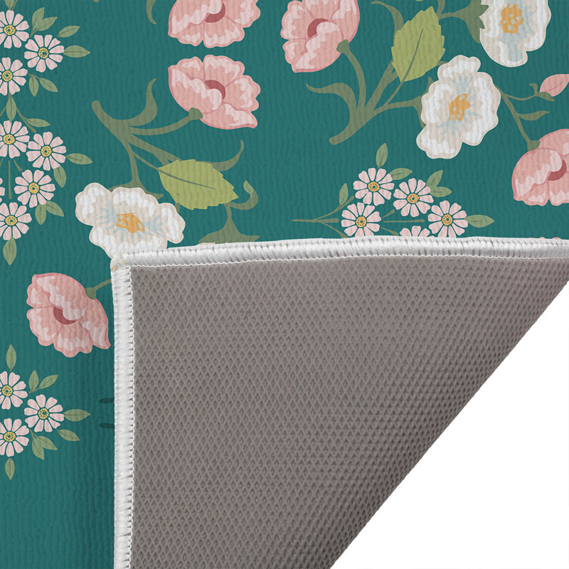 May flowers Non-Skid Bath Mat, 24" L x 17" W, Teal