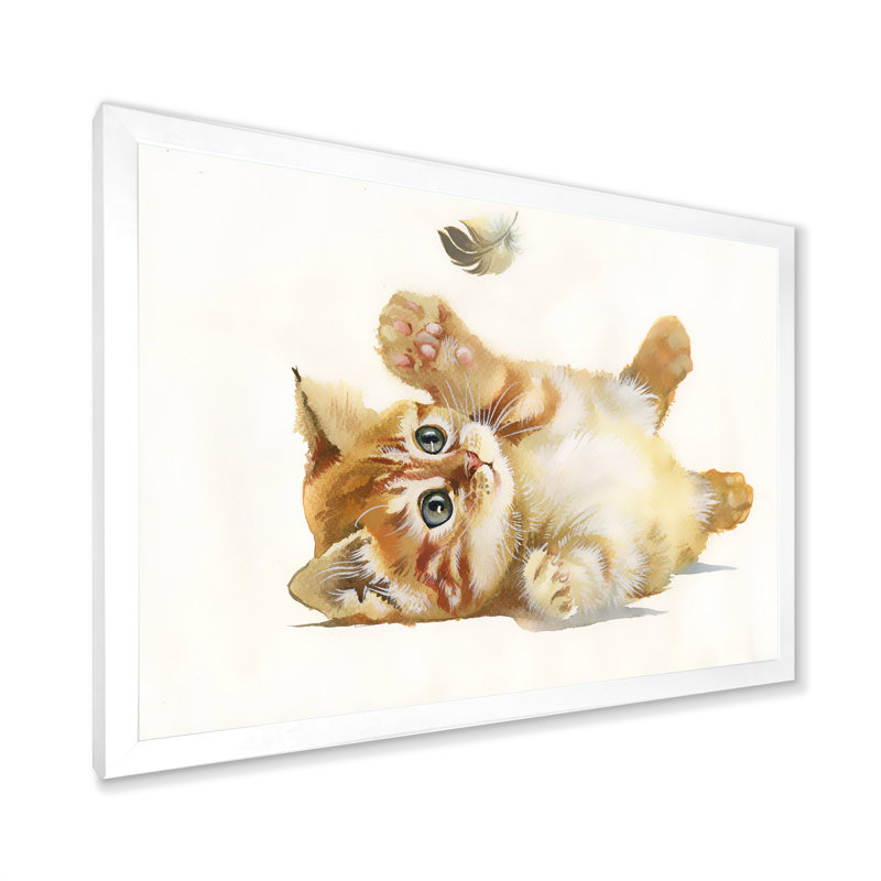 " Little Orange Kitten With Feather ", 24" H x 32" W, White Picture Frame