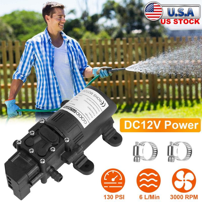 Pompe à eau 12V avec 2 colliers de serrage Pompe de pulvérisation auto-amorçante 130PSI Pompe à eau électrique à diaphragme 70W 6L / Min pour bateau-caravane