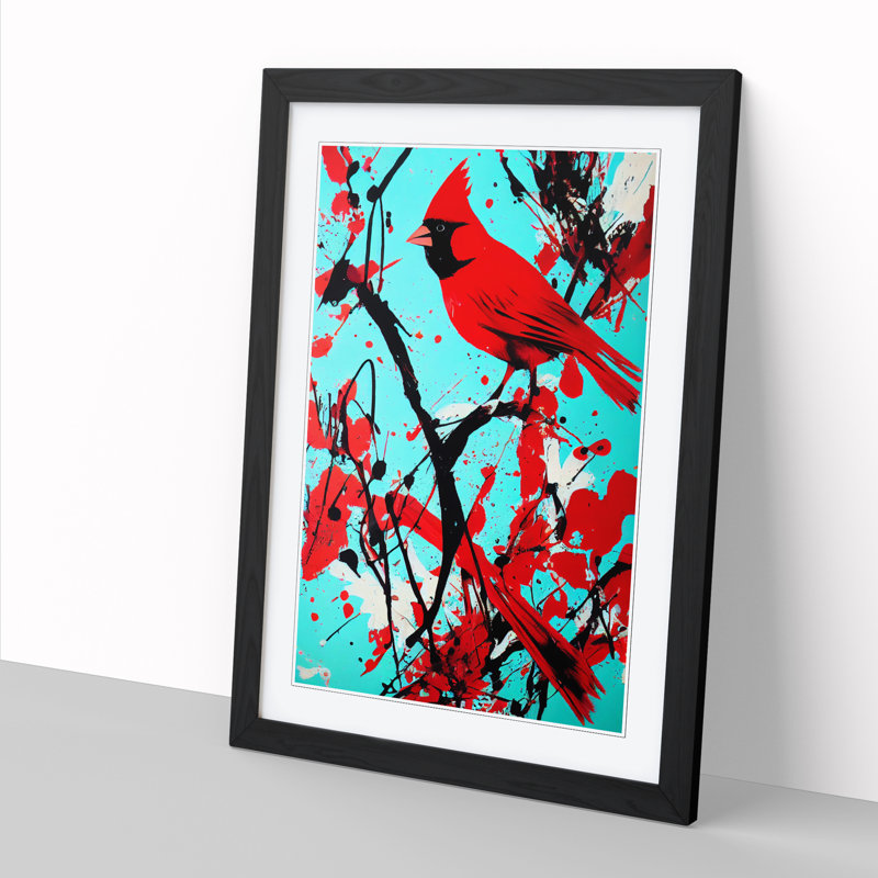 FRM-V0523-359X Cardinal Bird Splatter - Single Picture Frame Print, 46cm H x 34cm W x 2cm D, Walnut Framed