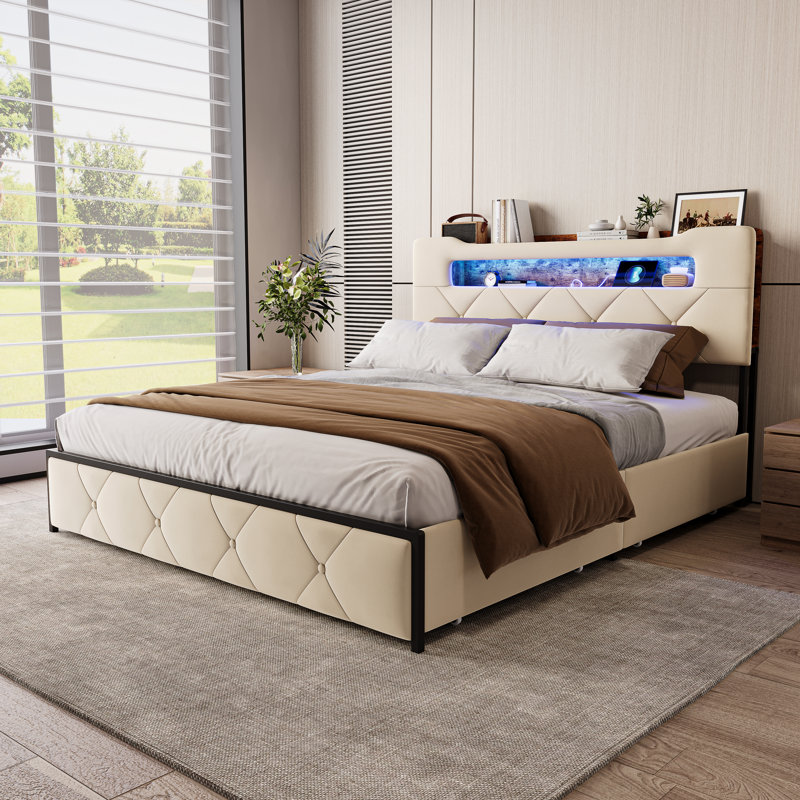 Upholstered Storage Bed, Beige, European Double (140 x 200 cm)