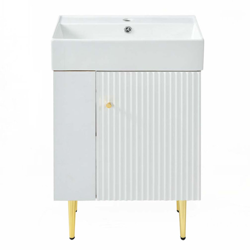 Meuble-lavabo de salle de bain avec lavabo en céramique, porte et 4 pieds