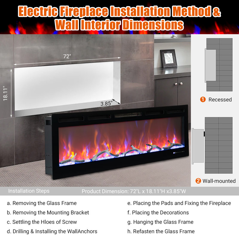 Smart Fireplace Wall Insert, WiFi & Alexa Voice Control, 3d LED Flames 12 Colours Recessed Wall Mount Dual Heat 750w/1500w App Remote