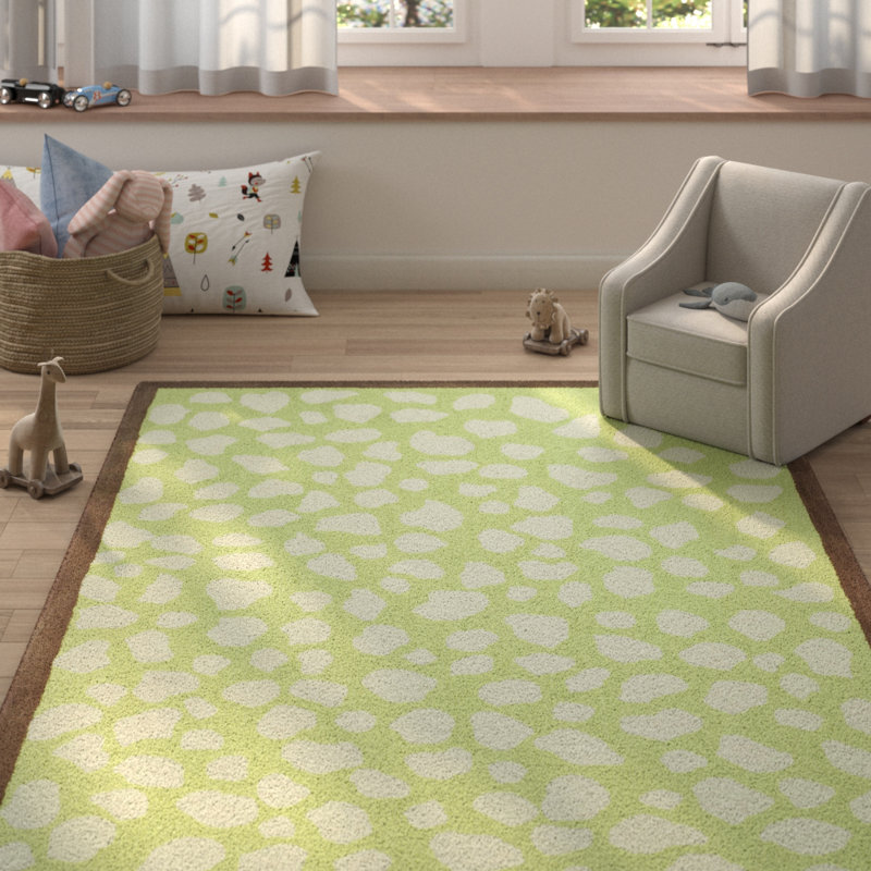 Tapis vert / ivoire en coton touffeté à la main Kruetzen, Rectangle 8 pi x 10 pi
