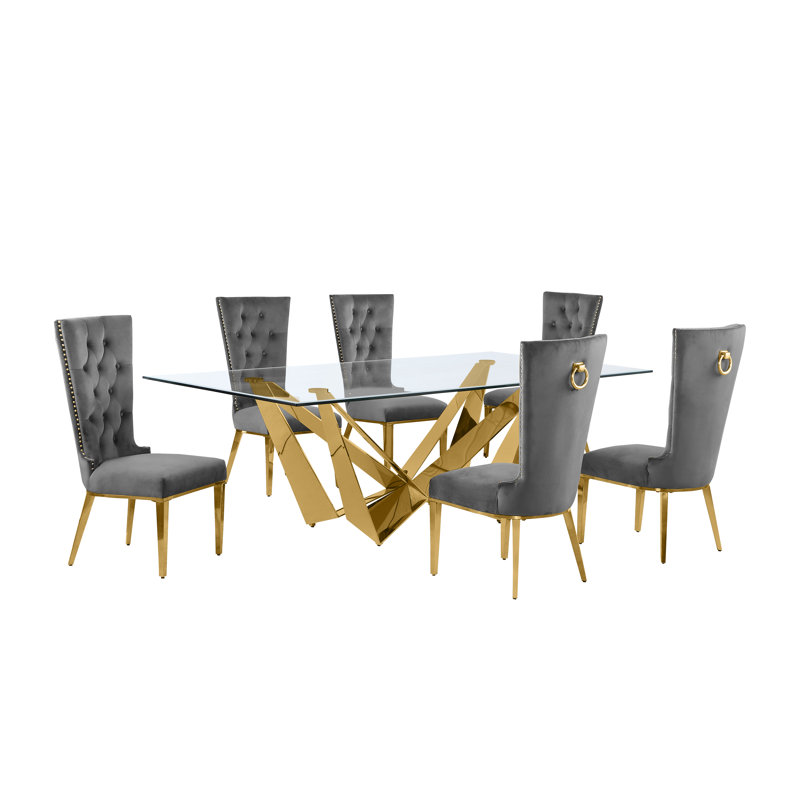 Kemya Glass Top Double Pedestal Dining Set, Cream/Silver, 7, Silver
