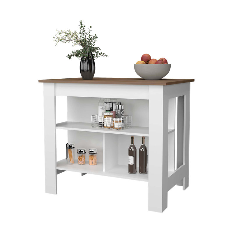 Îlot de cuisine en pin clair et noir avec rangement ouvert, Acajou / blanc