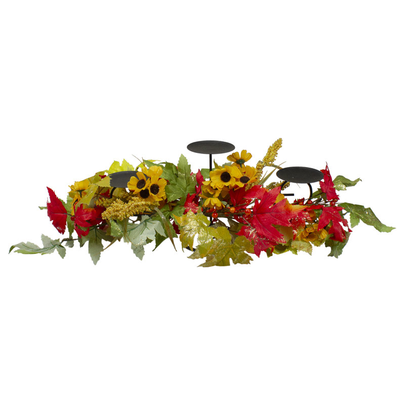Porte-bougie d'automne 28 po tournesol jaune et feuilles rouges