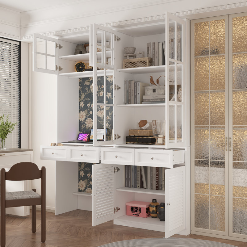 Bureau multifonctionnel avec bibliothèque et vitrine intégrées - Finition blanche élégante