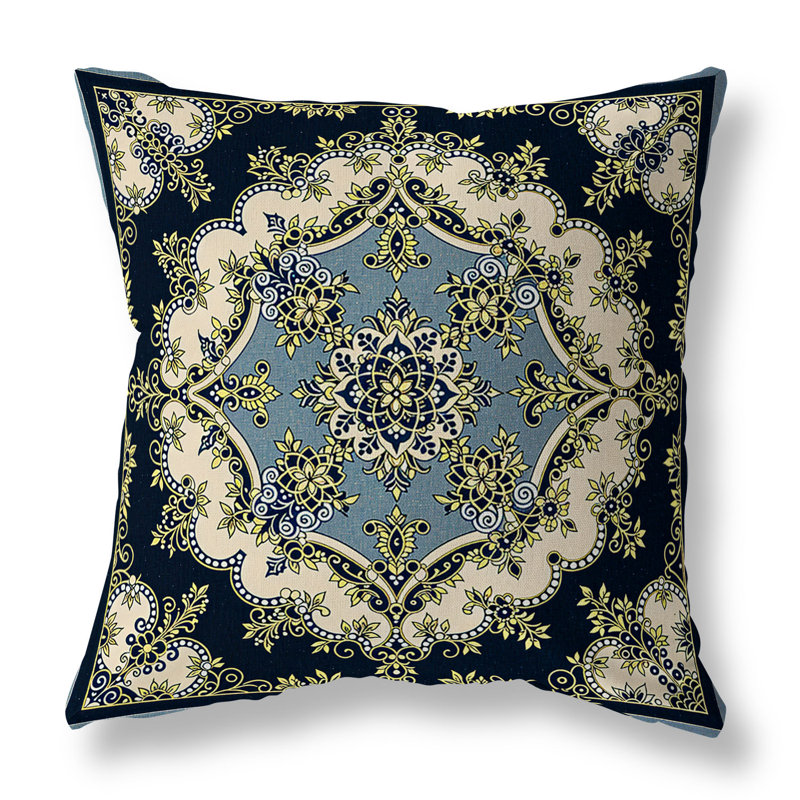 Coussin décoratif floral intérieur / extérieur Floral Arabesque, H 16 po x l 16 po, Bleu / Beige