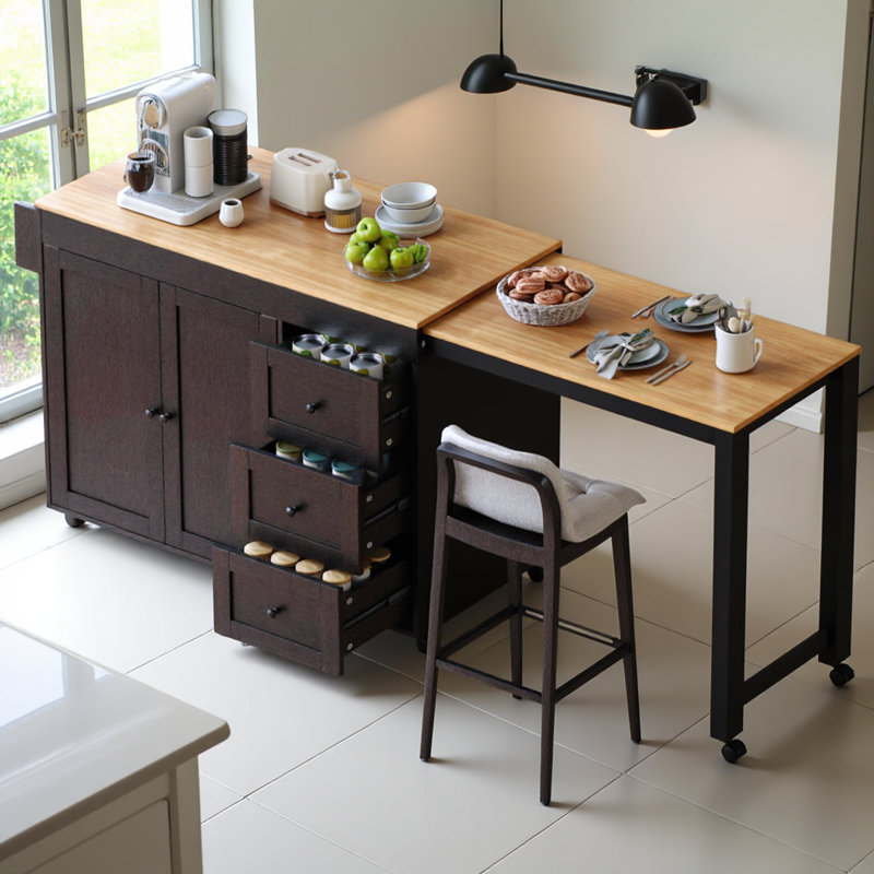 Îlot de cuisine de 190 cm avec table à manger extensible, chariot de rangement à roulettes avec 3 tiroirs, prise électrique, étagère à épices et armoire à 2 portes, noir