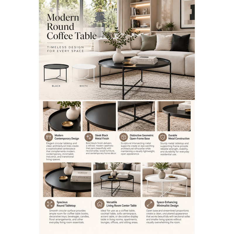 Modern Round Black Metal Coffee Table with Geometric Open Frame Base – Contemporary Minimalist Center Table for Living Room, Apartment, Lounge, or Office