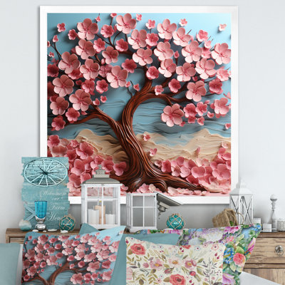 Rose et arbre mauve Essence II - arbre, art mural