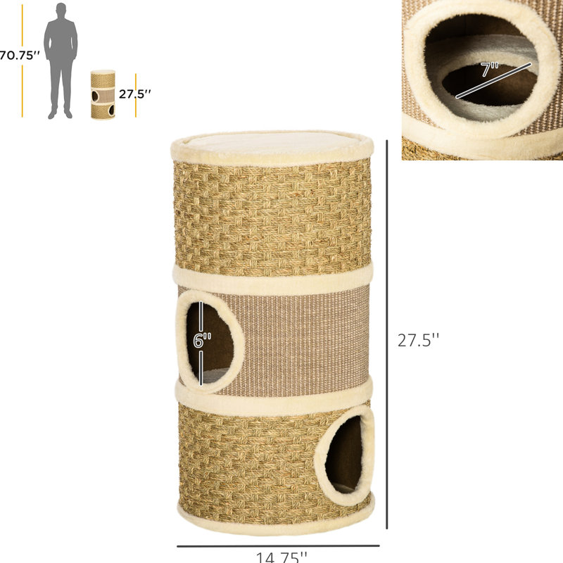 Chat 28 pouces, 3 espaces dissimulés avec patin à griffer pour chats d'intérieur, kaki et brun - Structure confortable et confortable