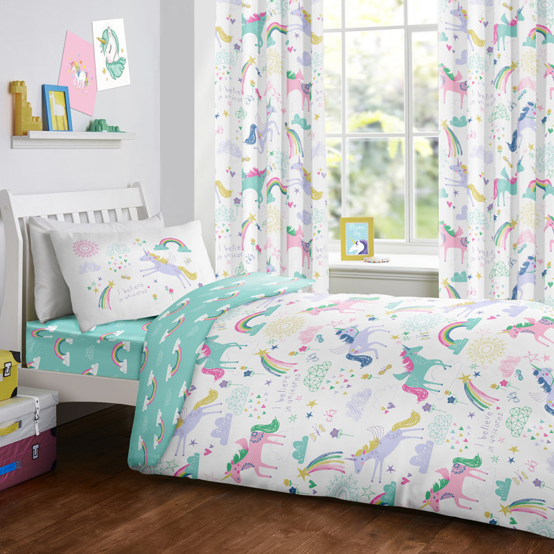 Rainbow Unicorn Aqua Blue/White/Pink 132 TC Reversible Duvet Cover Set, Double Duvet Cover + 2 Standard Pillowcases