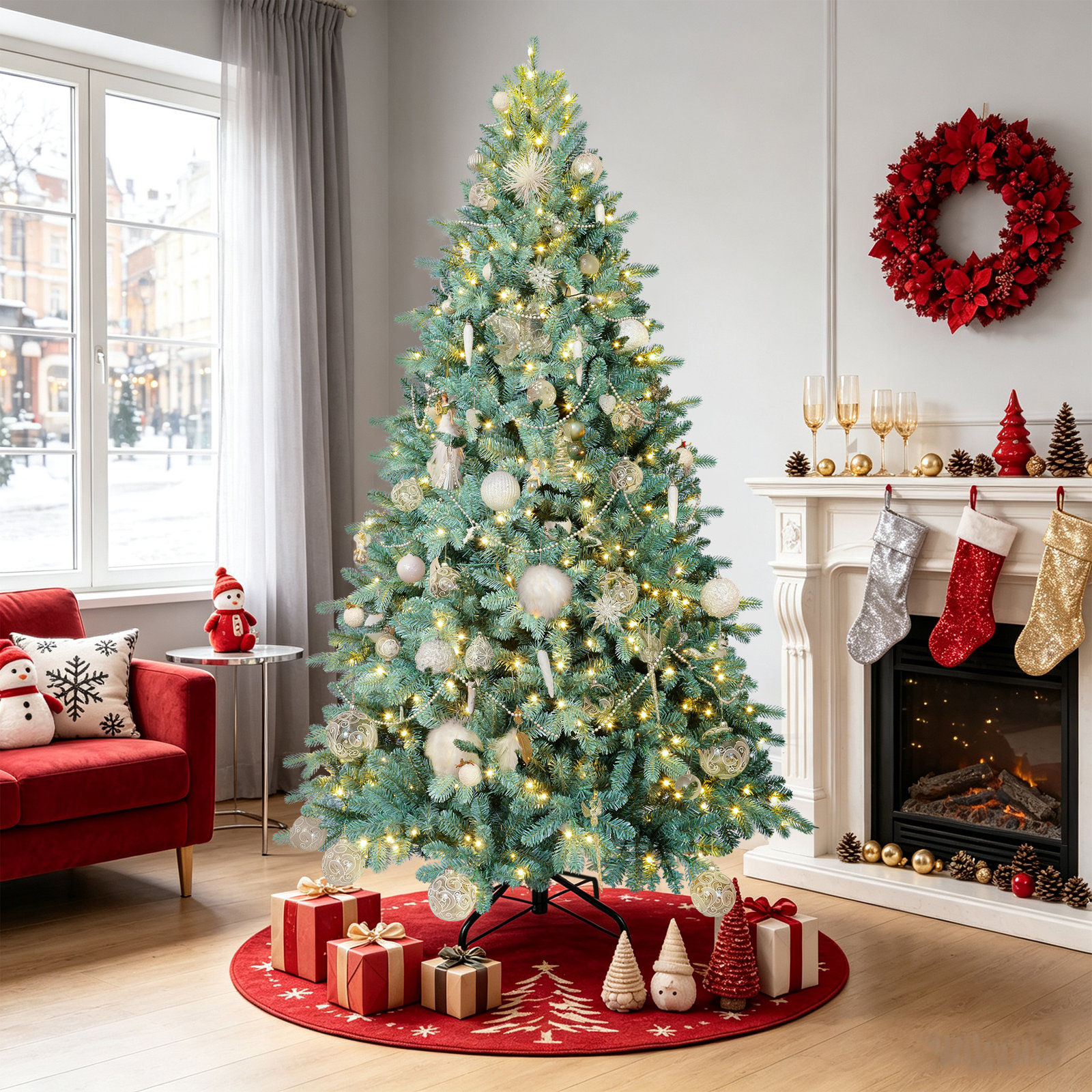 Pre-Lit Artificial Christmas Tree with PE&PVC Mixed Branch Tips, Warm White Lights, Hinged Premium, 7.5 ft