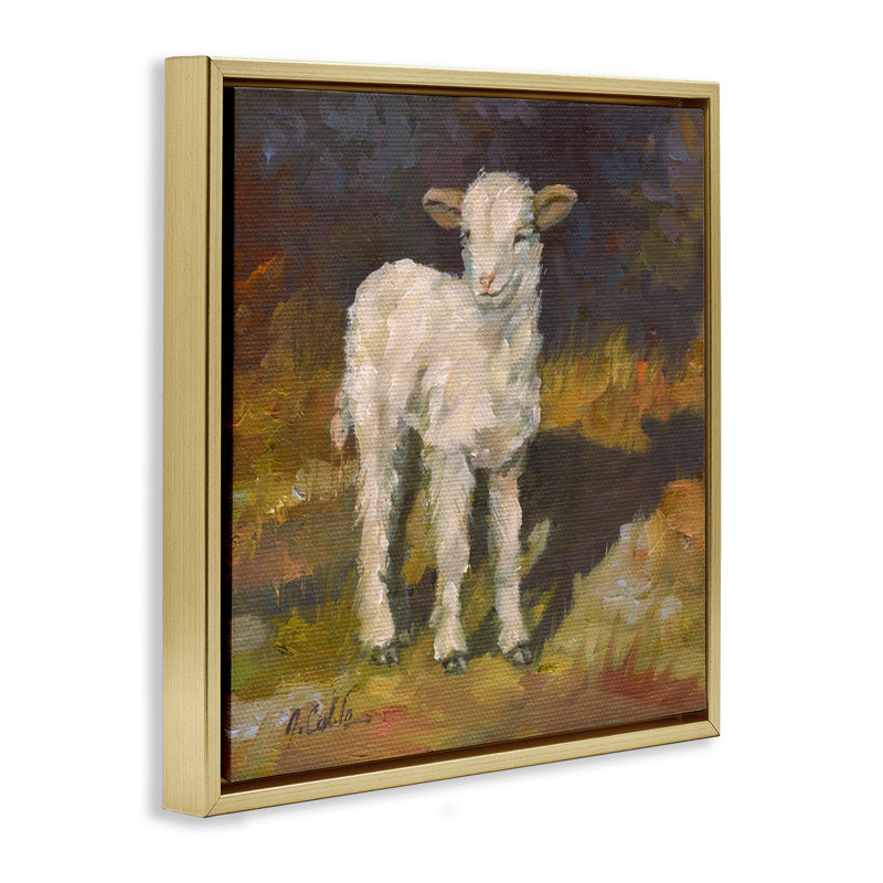 «Soft Baby Lamb», peinture sur toile par Jerry Cable, H 18 po x l 18 po, Cadre flottant métallique doré