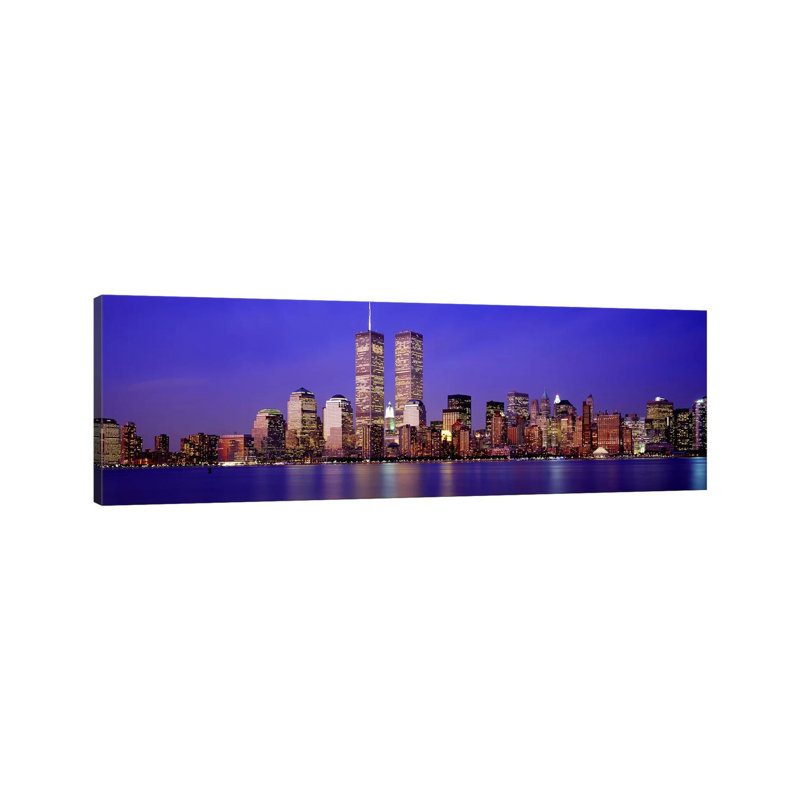 Buildings at the Waterfront Lit up at Dusk, World Trade Center, Wall Street, Manhattan, New York City, New York State, USA 1 Piece Wrapped Canvas Panoramic Wall Art