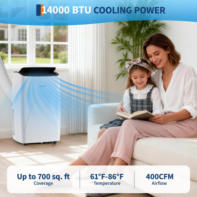 Puissance de refroidissement de 14 000 BTU - Déshumidificateur et ventilateur - Climatiseur portatif 3 en 1 à haute efficacité - Télécommande et minuterie 24H - Nécessaire d'installation - Refroidit jusqu'à 350 pieds carrés - Norme américaine