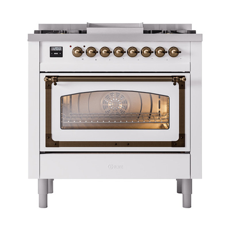 ILVE Nostalgie II Noblesse 36 in Dual Fuel Range, White/Bronze, Natural Gas