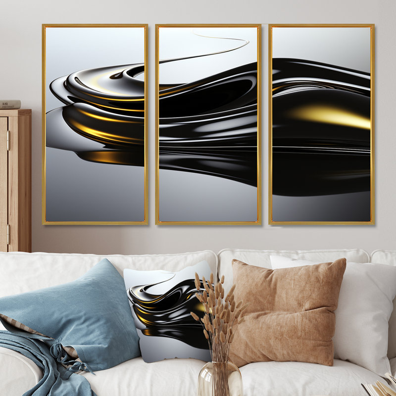«Black Flow Gold Glow», ensemble d'art mural abstrait à encre liquide, Cadre flottant doré, H 28 po x l 36 po x P 1 po