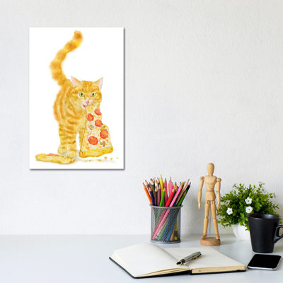 Orange Cat And Pizza by Alexey Dmitrievich Shmyrov - Wrapped Canvas Print