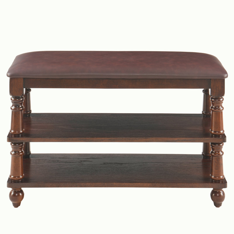 Vintage Wooden Entryway Bench with Cushion Seat, 2-Tier Shoe Storage Rack