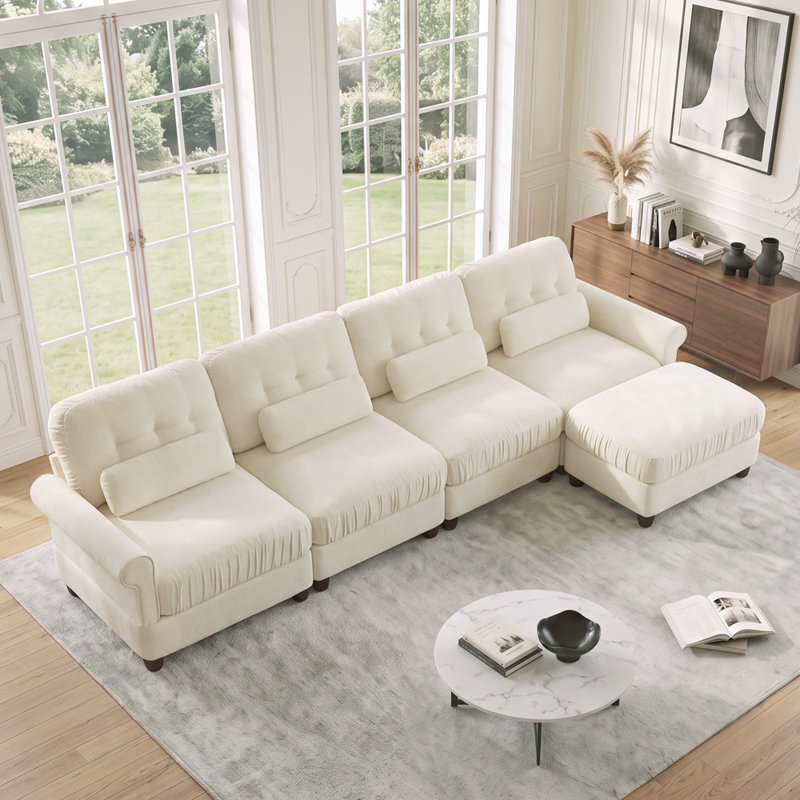 Canapé modulable 4 places avec un pouf et des coussins de soutien lombaire, Beige Chenille