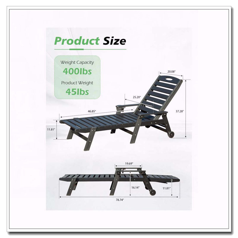 Chaise longue de patio en PEHD avec inclinaison à 5 positions, porte-gobelet intégré et capacité de 400 lb, Noir