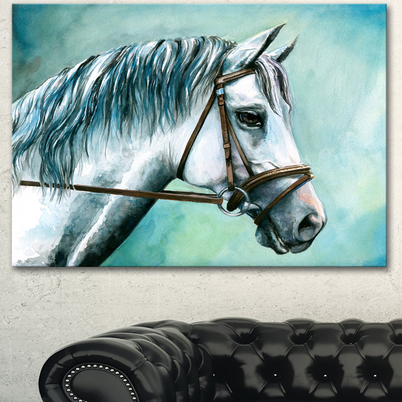 «Gris cheval sur fond bleu», reproduction d'art, H 16 po x l 32 po x P 1 po, Toile tendue