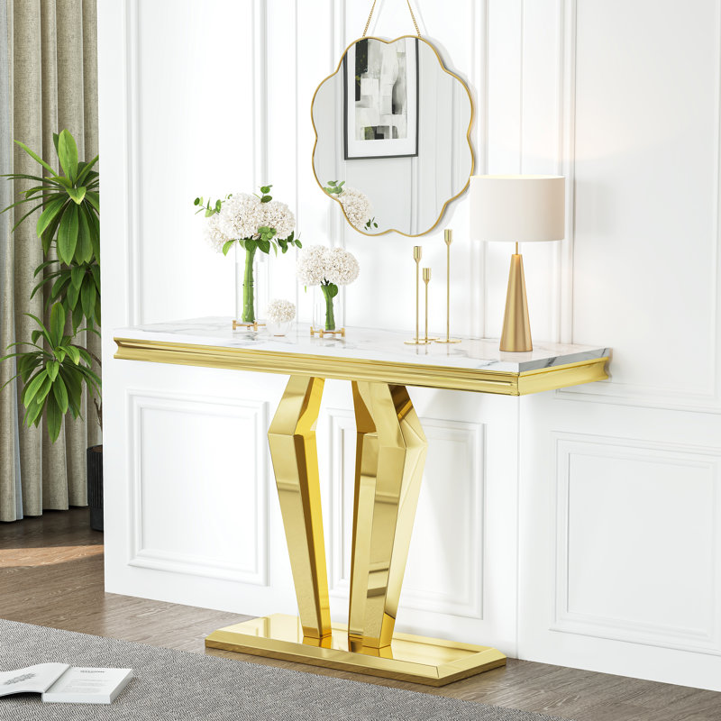 46.8" Console Table With Faux Marble Top & Stainless Steel Frame, White/Gold