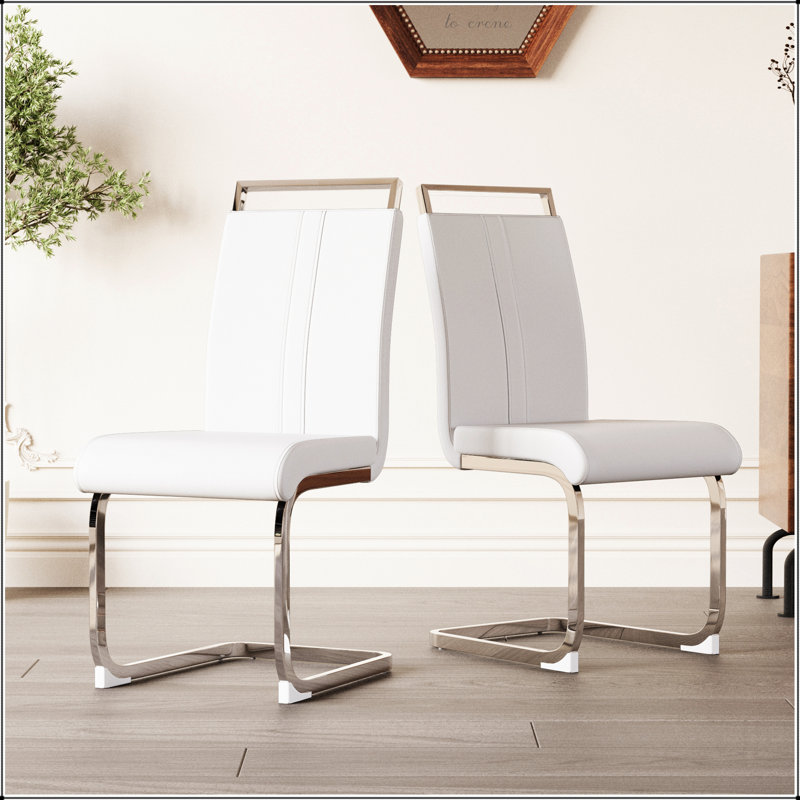 Chaises de salle à manger modernes, chaise d'appoint rembourrée en similicuir à haut dossier en polyuréthane, Argent argent