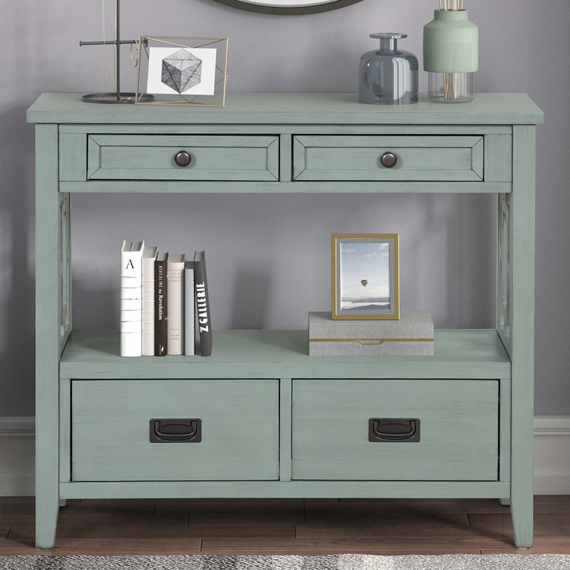 Console en bois de pin avec 4 tiroirs et tablette de rangement Farmhouse, Bleu rétro