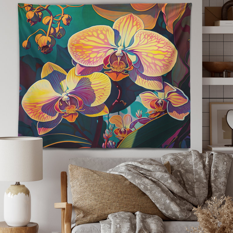 Polyester orchidée en fleurs dans des couleurs vives rétro tapisserie V, H 50 po x l 60 po