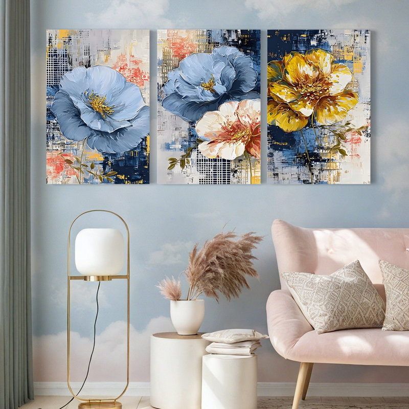 Abstrait floral sur toile tendue, reproduction de peinture à l'huile (ensemble de 3), H 18 po x l 36 po