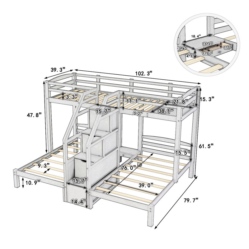 Twin Over Twin & Twin Bunk Bed With Built-In Staircase And Drawer, Gray