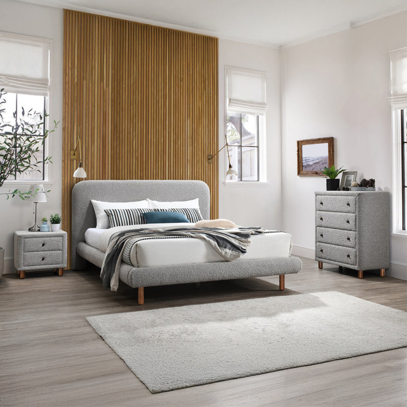 Grey Boucle Queen Size Platform Bed