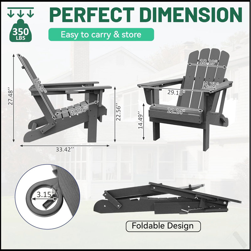 Durable HDPE Adirondack Chair With Cup Holder, Weather-Resistant And Foldable For Outdoor Relaxation, 1, Gray