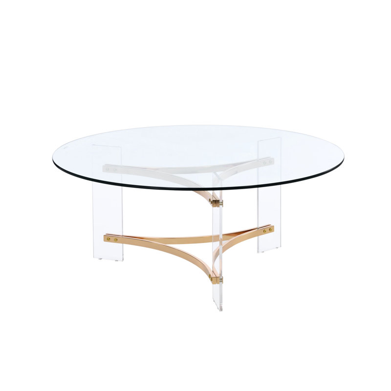 Gold Finish Coffee Table, Boasting A Contemporary Round Tempered Glass Top (10mm), Supported By Unique Triangular Metal Frame And Acrylic Base, Versatile For Different Spaces, Easy To Wipe Clean