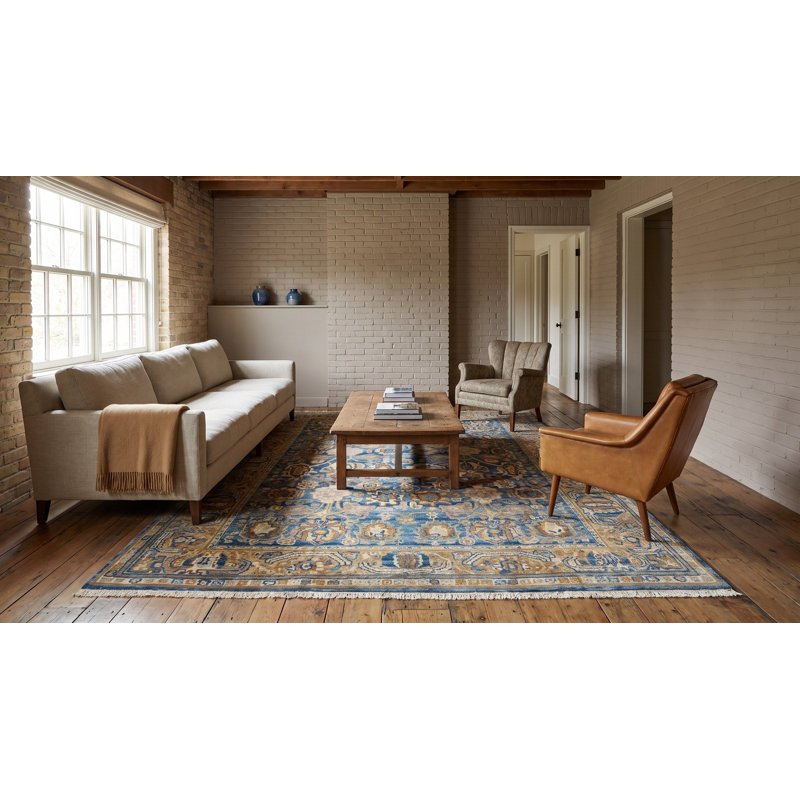 Blue Hand-Knotted Wool Faded Floral Bloom Geometric Modern Contemporary Carpet Rug, 12' x 18'