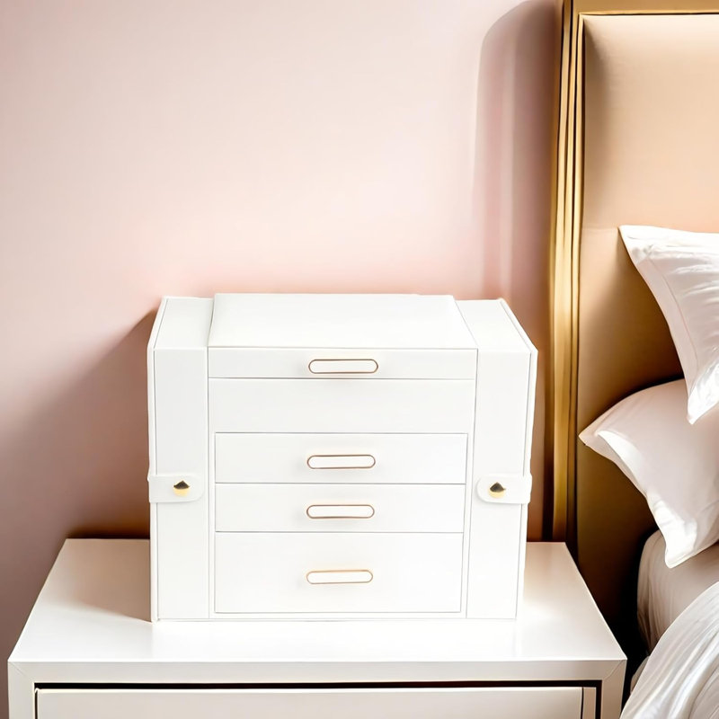 Boîte de rangement pour bijoux 4 couches avec miroir, 2 portes pour colliers et 2 placards pour boucles d'oreilles, grande armoire de rangement pour bijoux avec plusieurs compartiments