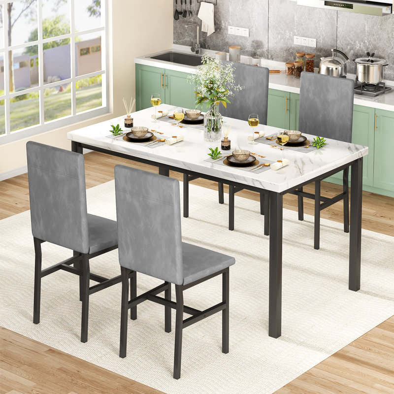Janece 5 - Piece Dining Set with Velvet Upholstered Dining Chairs, Gray, Mable White/Black