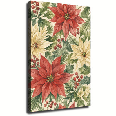 Watercolor Red And Cream Poinsettia And Holly Berry Botanical Pattern, Traditional Christmas Floral Canvas Wall Art Decor
