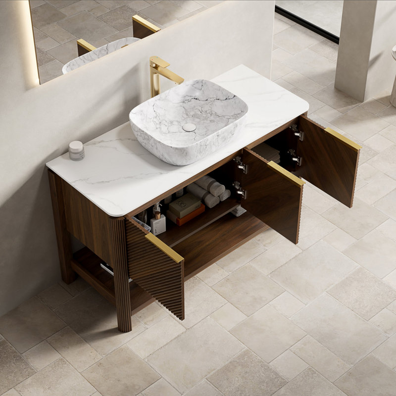 Meuble-lavabo de salle de bain avec lavabo, armoire de rangement autoportante en bois avec portes et tablette ouverte, 48"