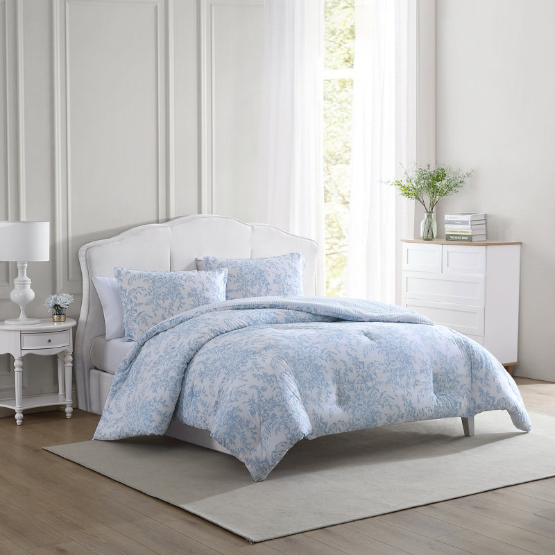 Laura Ashley Bedford Reversible Cotton Blue Comforter Set, King Comforter + 2 King Shams