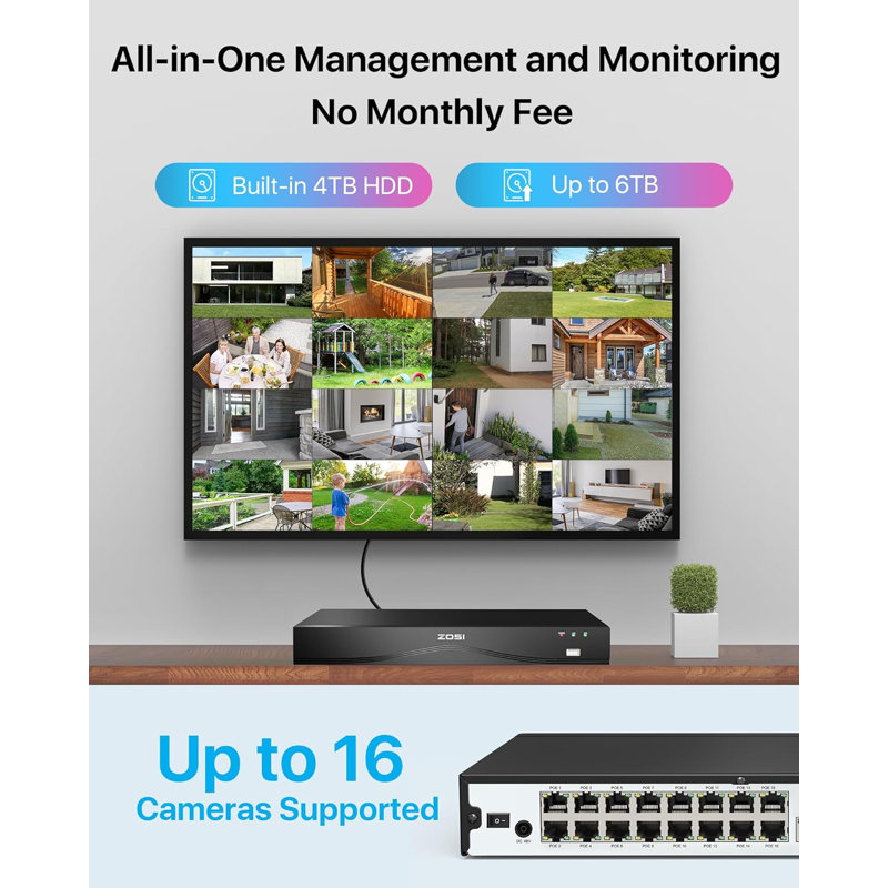 Système de caméra de sécurité 4K 16CH PoE NVR, disque dur de 4 To, caméra PoE extérieure 8MP avec audio bidirectionnel, affichage à distance