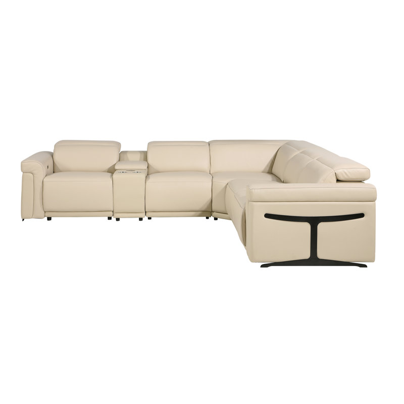 Canapé modulaire inclinable électrique en cuir italien 6 pièces Suhur, Cuir véritable beige