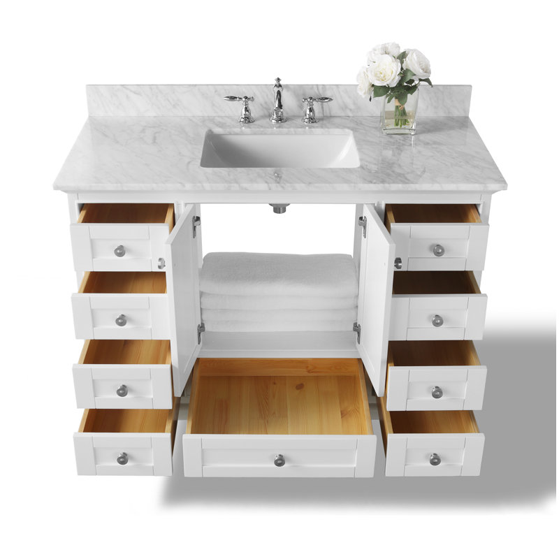 Ensemble de meuble-lavabo simple 48 po Varna, Blanc / nickel brossé, Marbre blanc de Carrare